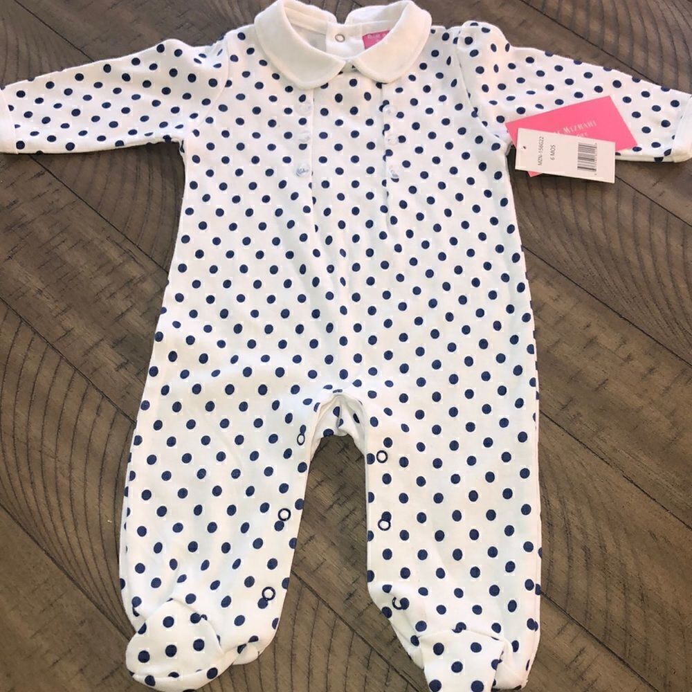 NWT French Blue Polka Dot Cotton Snap up Onesie East In and Out. French Look 👀